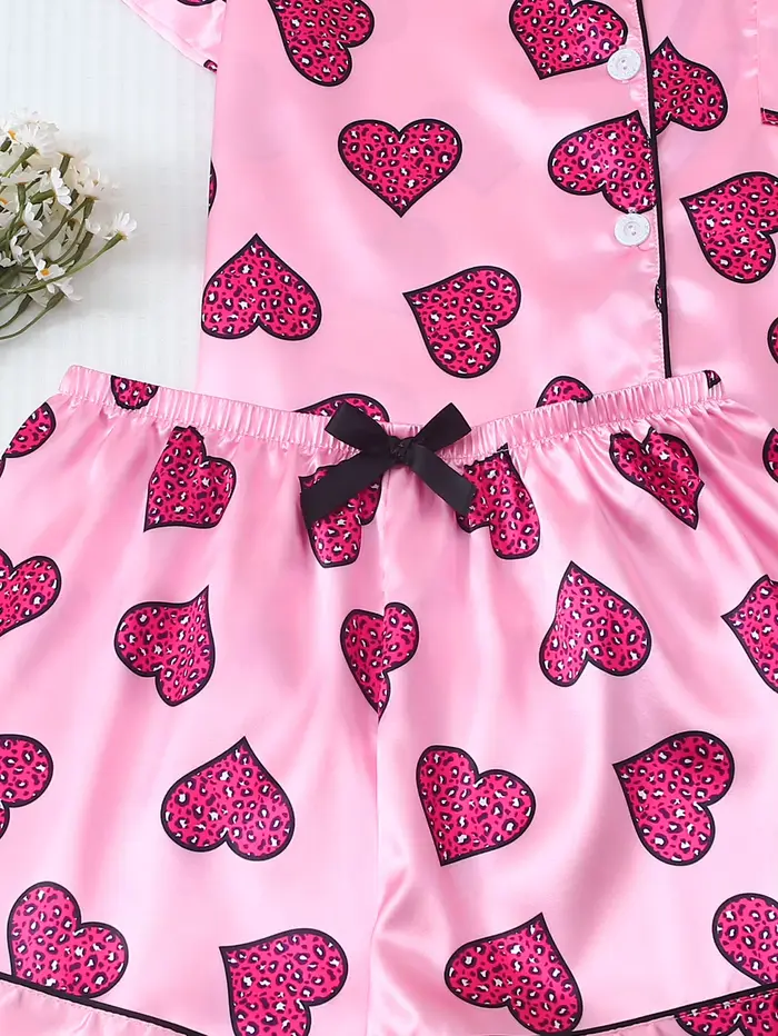 [Saint valentin] Pyjama 2 pièces en satin avec imprimé cœur, short à manches courtes, pyjama pour femme, ensemble de vêtements de détente adapté à un usage domestique
