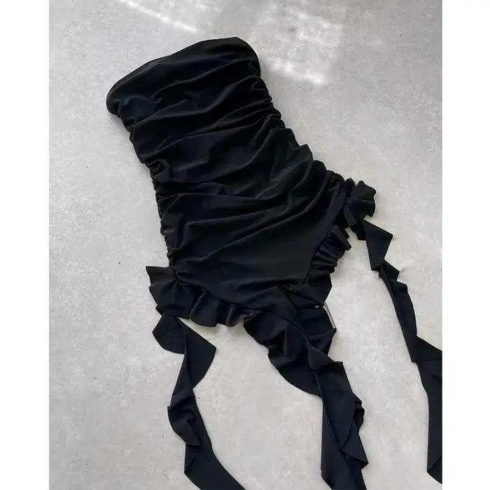 Mini robe sans bretelles pour femmes, Sexy, ourlet pliable, fente haute, couleur unie, dos nu, sans
