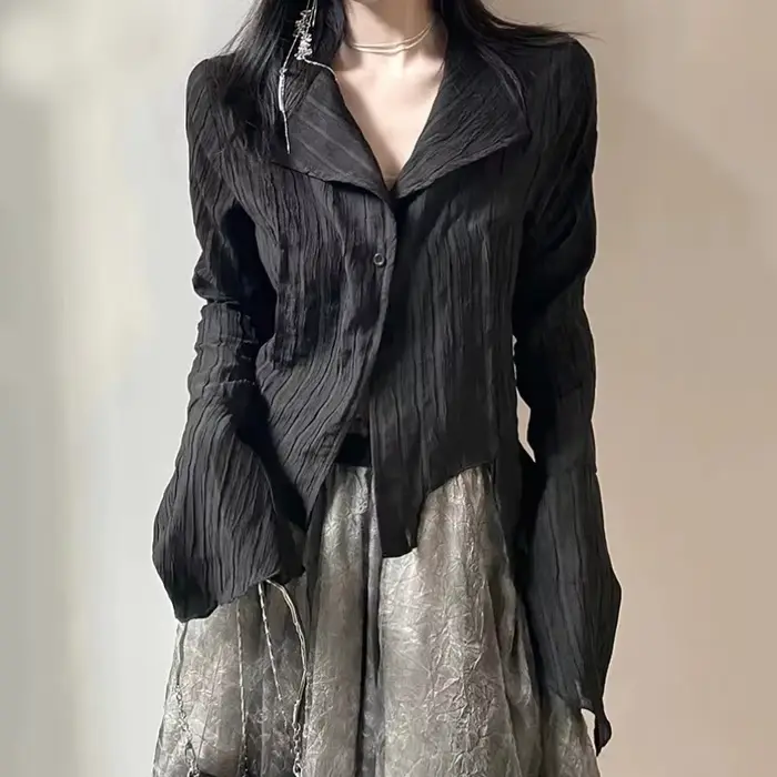 košeľa casual gothic koreana pre ženy, kancelársky štýl, rolák, polyester, večer von, jarné leto