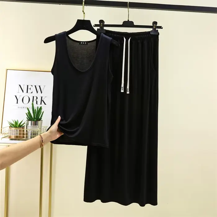 Pyjama Femme Modal Sans Manches Pantalon Cheville Taille M L XL XXL Couleurs Grises Noires Bleues Café Argentées Occasions Spéciales