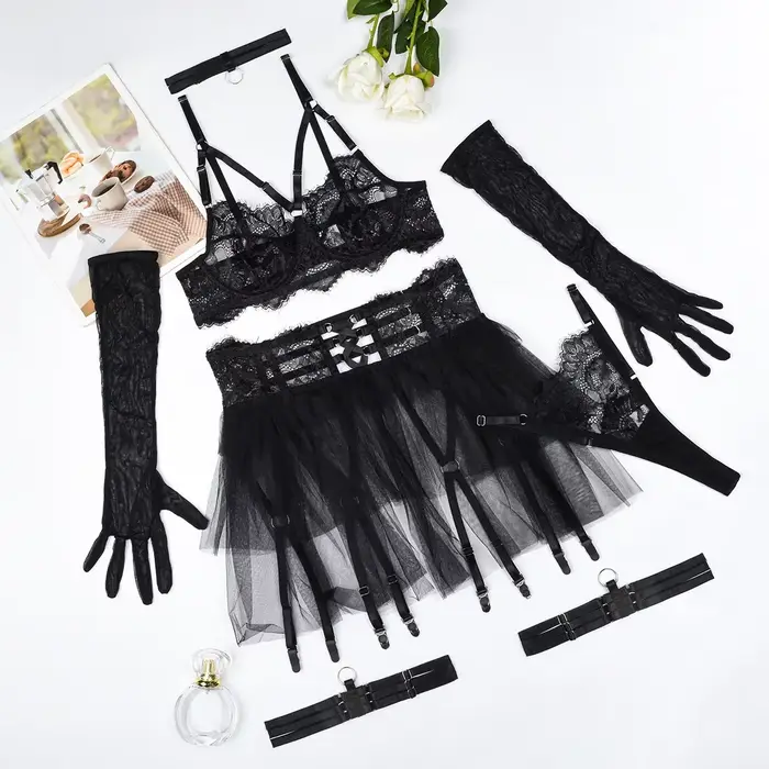 Ensemble de lingerie à volants, soutien-gorge en dentelle transparente sexy, gants longs, ensemble d