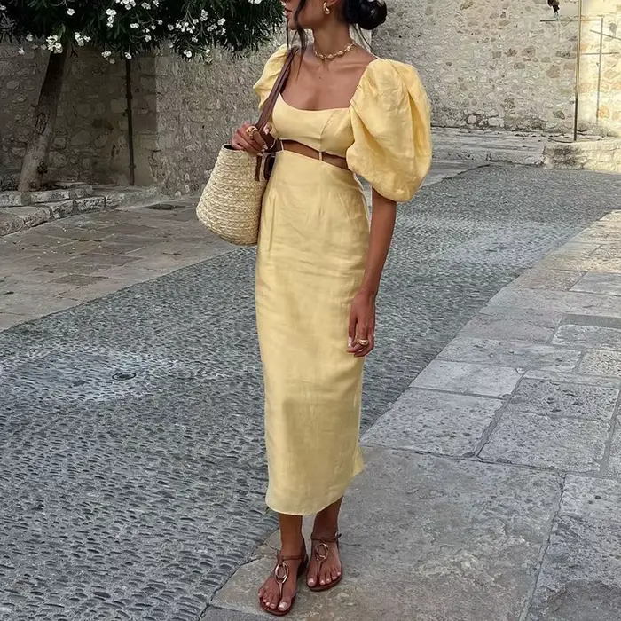 Robe de soirée à manches bouffantes pour femmes, taille creuse, robe d'été élégante, couleur unie, c
