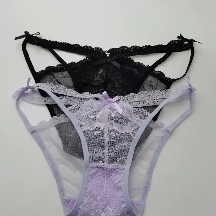 Culottes de lingerie pour femme, style français, taille mi-haute, sans couture, à nœud, en dentelle florale, ajourées, en maille de dentelle transparente