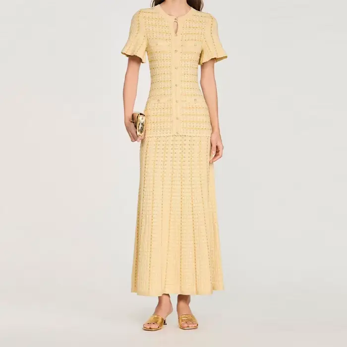 Nouvelle Robe Midi Élégante en Tweed Bleu Marine pour Femme 2026, Manches Courtes, Effet Deux Pièces