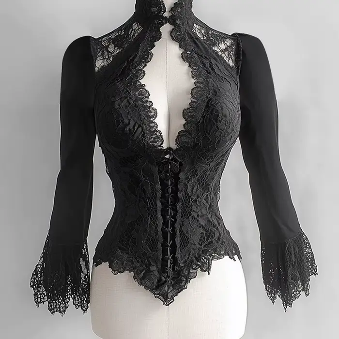 Dámska čipka korzet, Sexy vysoká košeľa, Hlboký V-neck, Blúzka rukávy, Gotický, Vintage, Večerná bustier, Chic Dámska móda