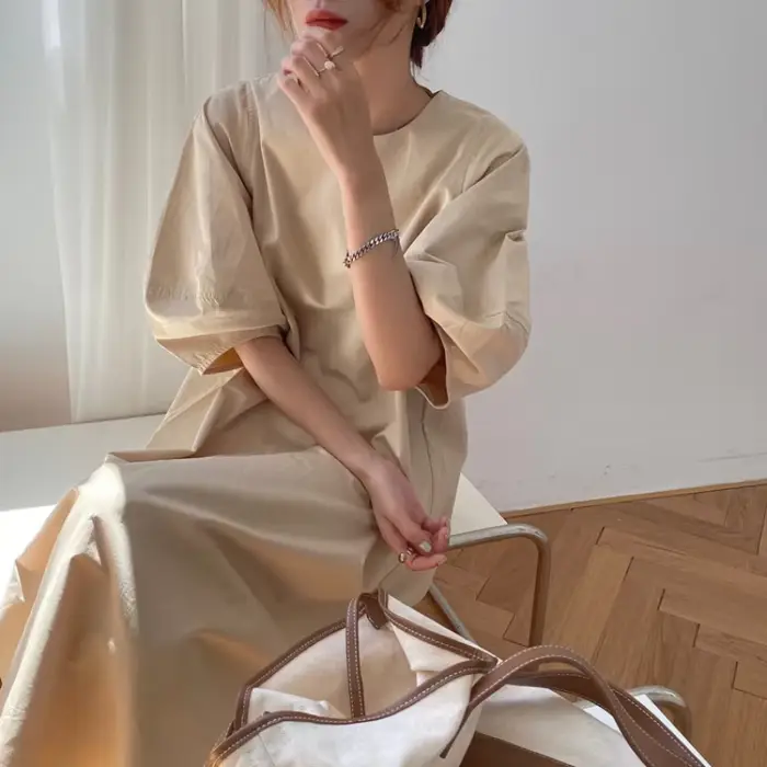 Robe longue beige à manches bouffantes pour femmes, robe d'été simple, robe maxi vintage, taille adt