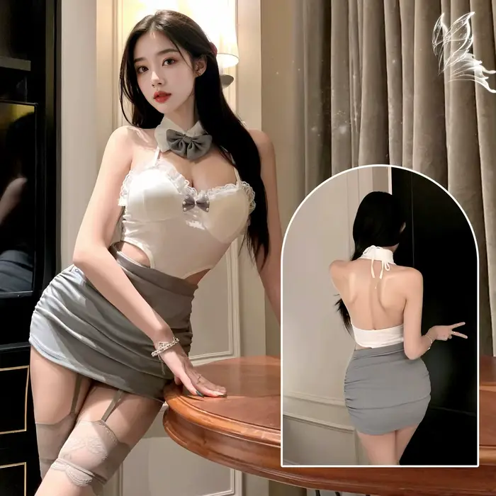Lingerie féminine sexy style pure séduction nœud en dentelle col halter col revers dos nu ajouré coupe ajustée occasions spéciales femmes