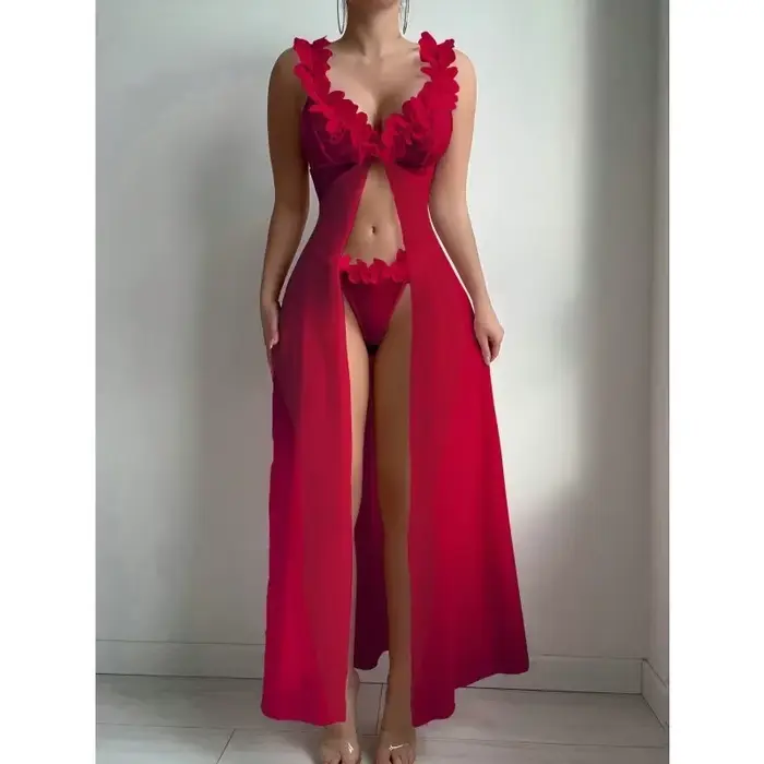 Sexy nočná košeľa čipka Set pre ženu, dlhé šaty štýl, s armatúrou popruhy, priehľadný kvetinový vzor, zvodný dizajn, Bold Cross Strap Set