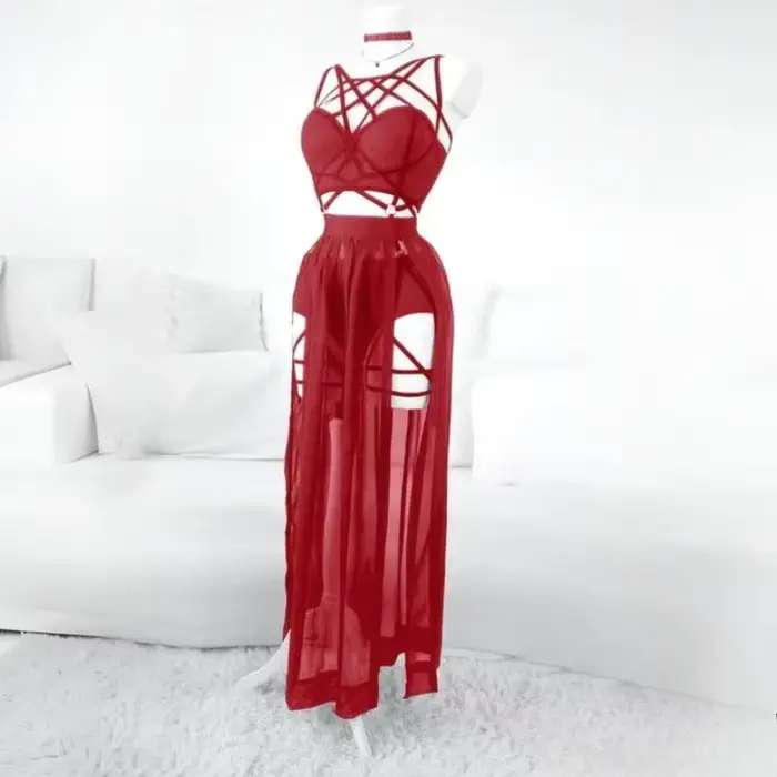 Sexy 3 kus bielizeň set pre ženy, gotický štýl, erotické, emo, Alt Punk, s priehľadným ok krátky top a vysoký pás sukne