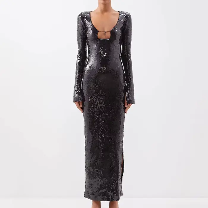 Robe de soirée sexy à sequins pour femmes, col en V, manches à clapet, jupe avec ourlet fendu, boîte