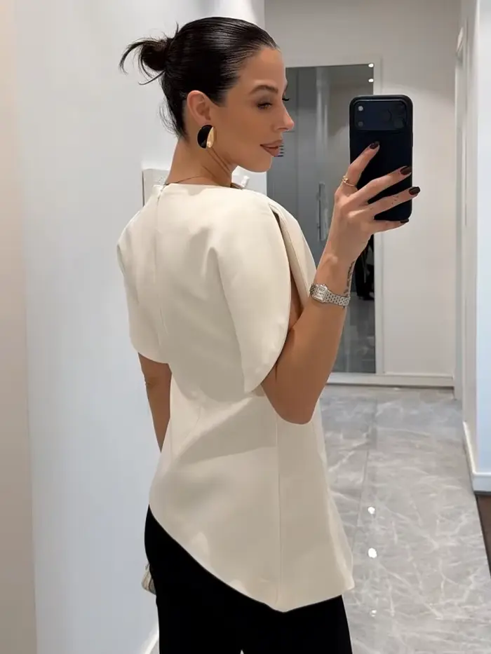 SLTNX Čierne voľné a elegantné tričká s krátkymi nafúknutými rukávmi pre ženy