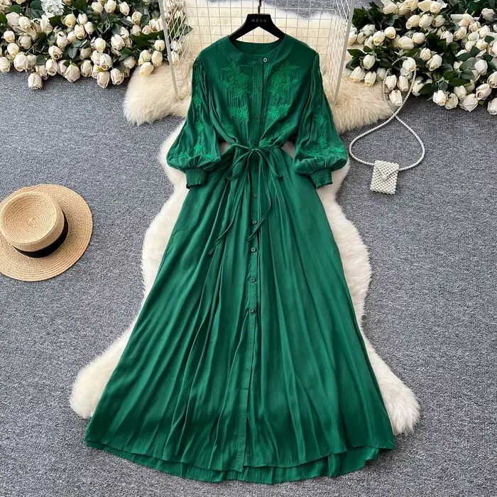 Elegantné vintage vyšívané gombíkové šaty do A-liniek Štýlové ležérne plážové prázdninové letné