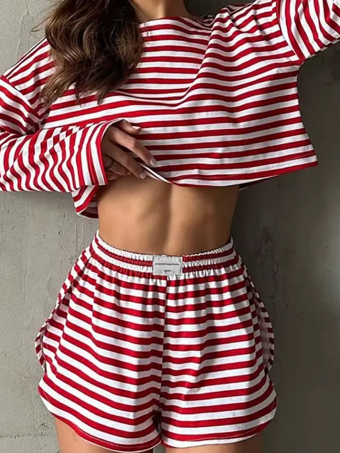 Dámske ľahké pyžamo set, elegantný štýl, okrúhly výstrih, šortky, pruhované vzory, pre spánok a relaxáciu v lete