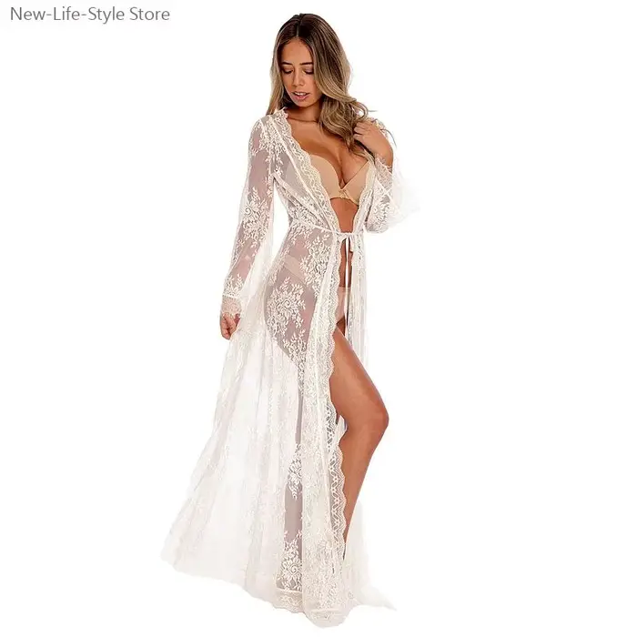 priehľadný Dlhá biela čipka nočná košeľa, šaty pre družičky pre ženy, sexy kimono štýl, nočné oblečenie, svadobný župan, sexy spodná bielizeň, nočné oblečenie