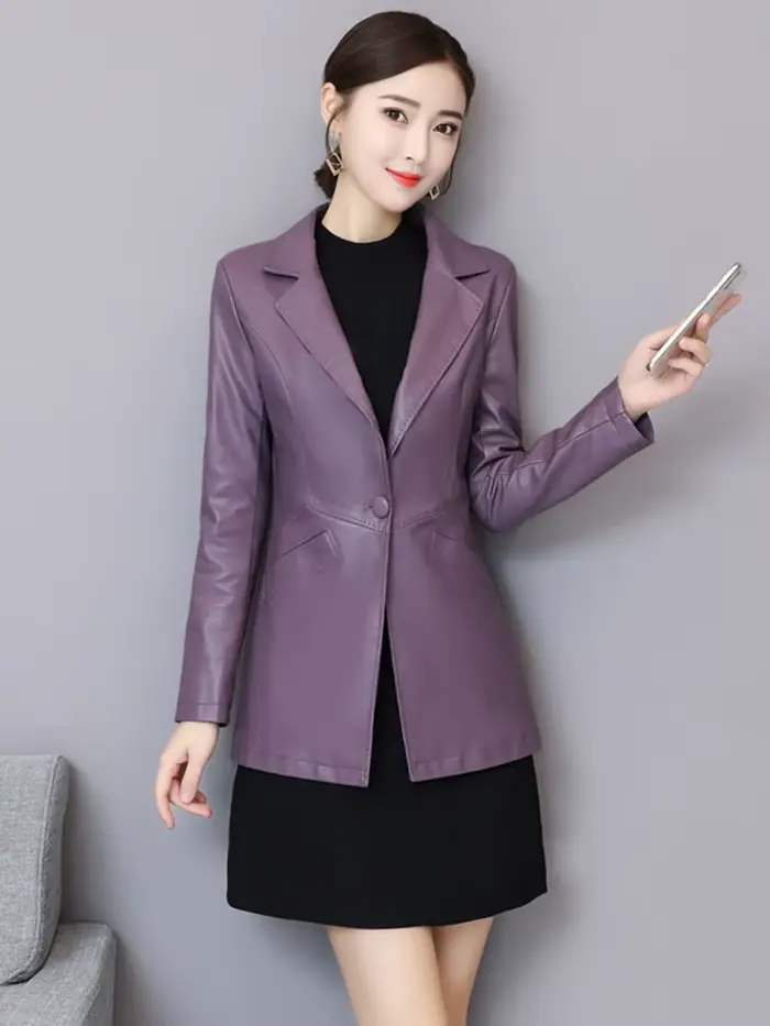 Nová dámska kožená bunda Jeseň Zima Móda Klasický Jednogombíkový Slim Blazer z ovčej kože Jar Oblečenie