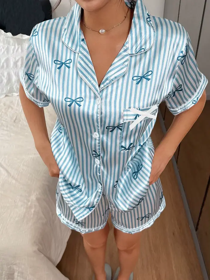 Dámske pyžamo, pruhované faux hodvábne pyžamo set s motýlikom, krátke rukávy, šortky, dámske oblečenie na spanie, pyžamové sety