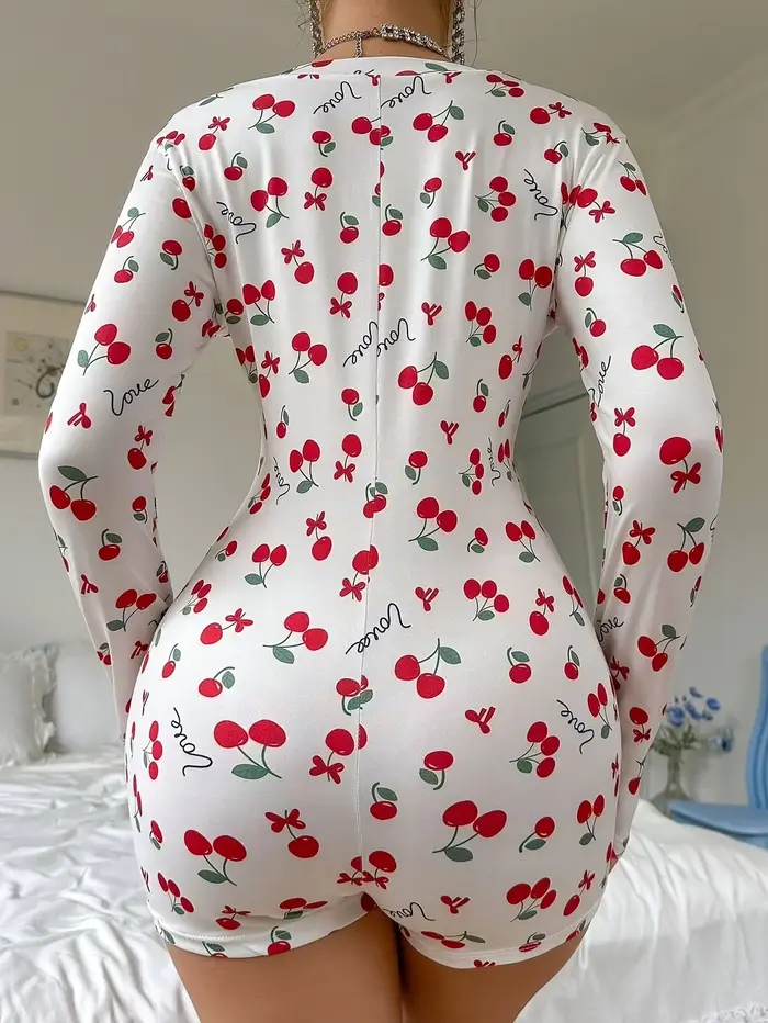 Sexy letný nočný oblek pre ženy, cherry print ležérne pyžamo, V-neck, predné tlačidlo, dlhé rukávy, fit fit