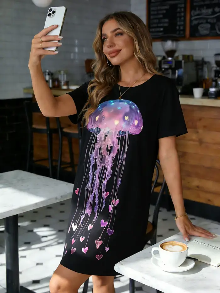Chemise de nuit pour femmes, col rond, manches courtes, printemps-été, imprimé cœur de méduse néon r