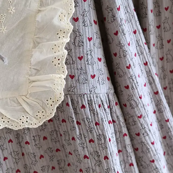 Princesse Cottagecore pyjama ensemble femmes Vintage dentelle col vêtements de nuit mignon coeur imprimé crêpe coton vêtements de détente 2 pièces coton doux