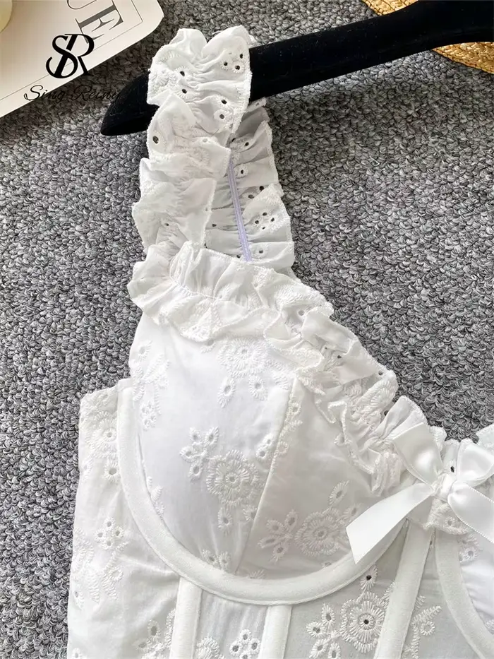 SINGREINY kvetinová výšivka Dámska bielizeň nepravidelný popruh Krátky korzet zmyselný francúzsky Hotsweet štíhly Sexy plážová košeľa