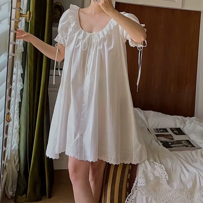 Femmes françaises douce chemise de nuit grande taille Cardigan 100% coton nuisette princesse Vintage volants col manches courtes chemises de nuit