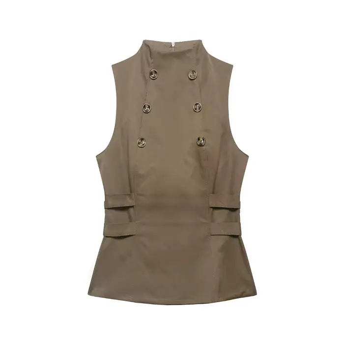 Gilet décontracté pour femme, bicolore, à double boutonnage, col montant, sans manches, cintré à la 