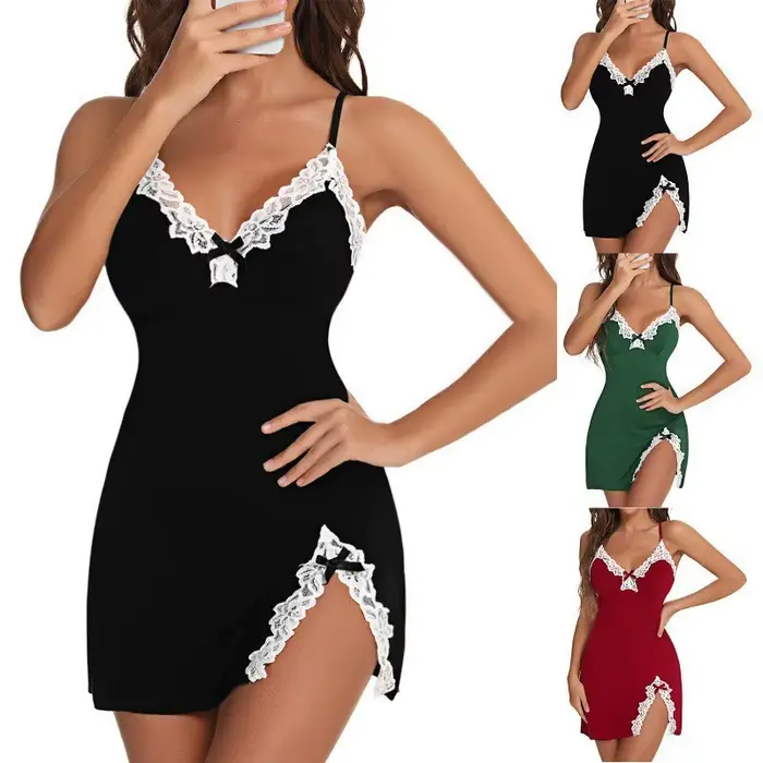 Lingerie pour femmes, robes de nuit sexy, robe de nuit en dentelle, robe chemise à col en V, robe de nuit avec fente sur le côté.