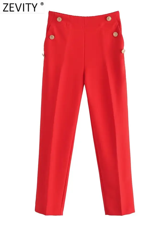 Zevity-Pantalon Crayon Décontracté pour Femme, Mode, Solide, Document, lèvent Dorés, Chic, Longueur 