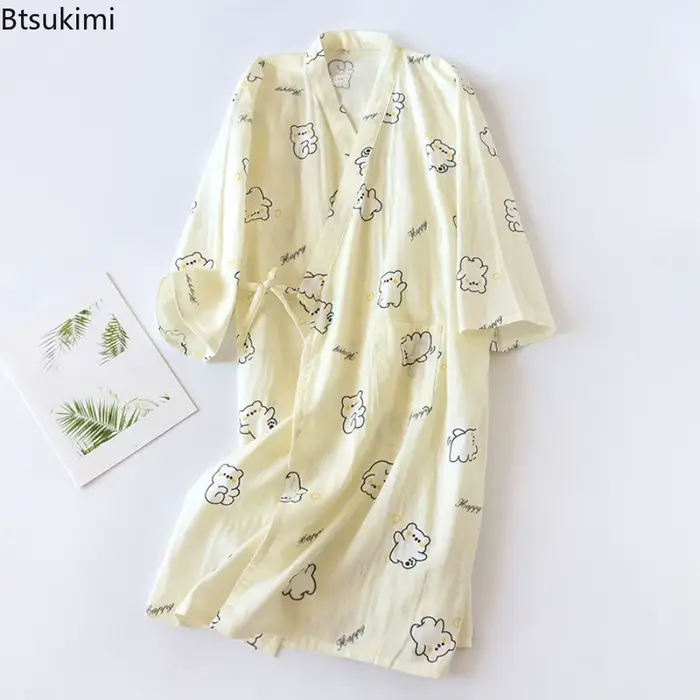 Kimono Femme Printemps/Été 2026 – Pyjama Long en Gaze 100% Coton Imprimé, Robe de Nuit, Yukata SPA, Vêtements d'Intérieur pour Femme