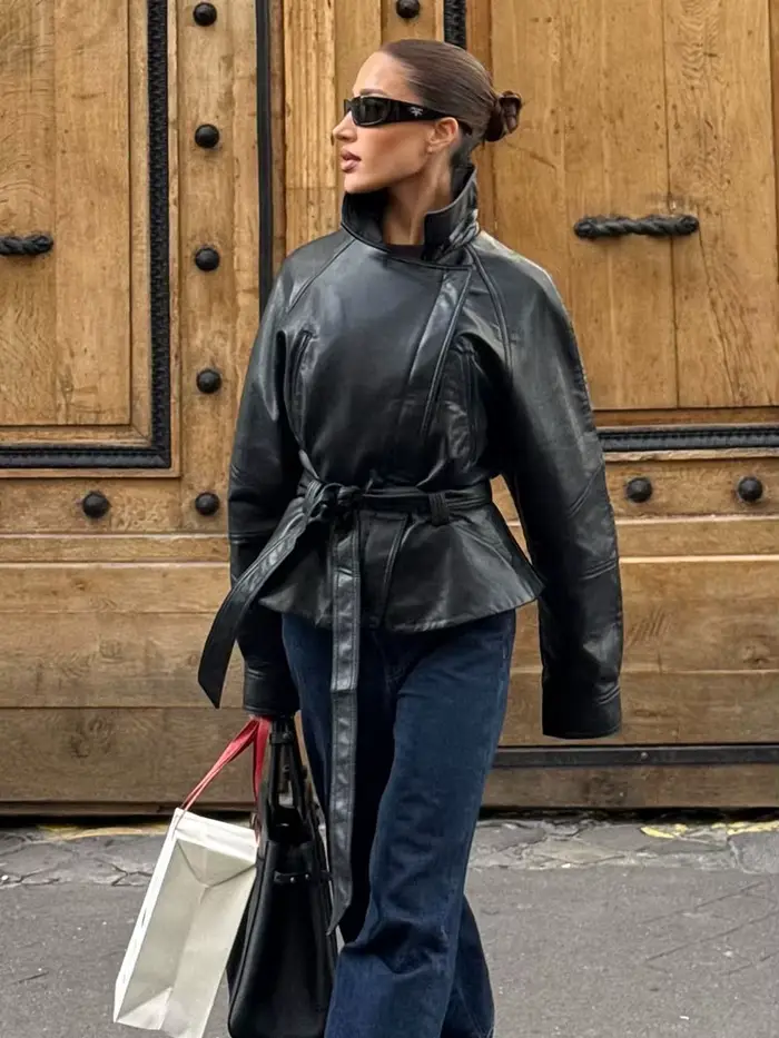HH femmes Vintage moto veste avec ceinture Faux cuir Trench manteau à manches longues revers veste à