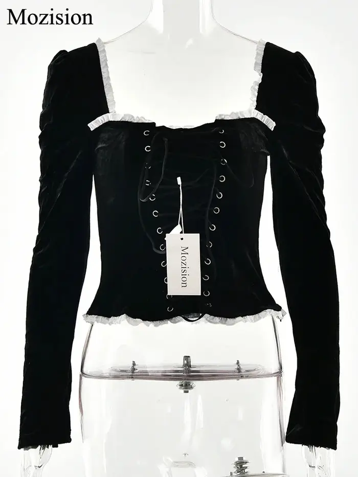 Mozision col carré dos nu pansement Sexy T-shirt femmes automne hiver nouveau noir épaulette manches