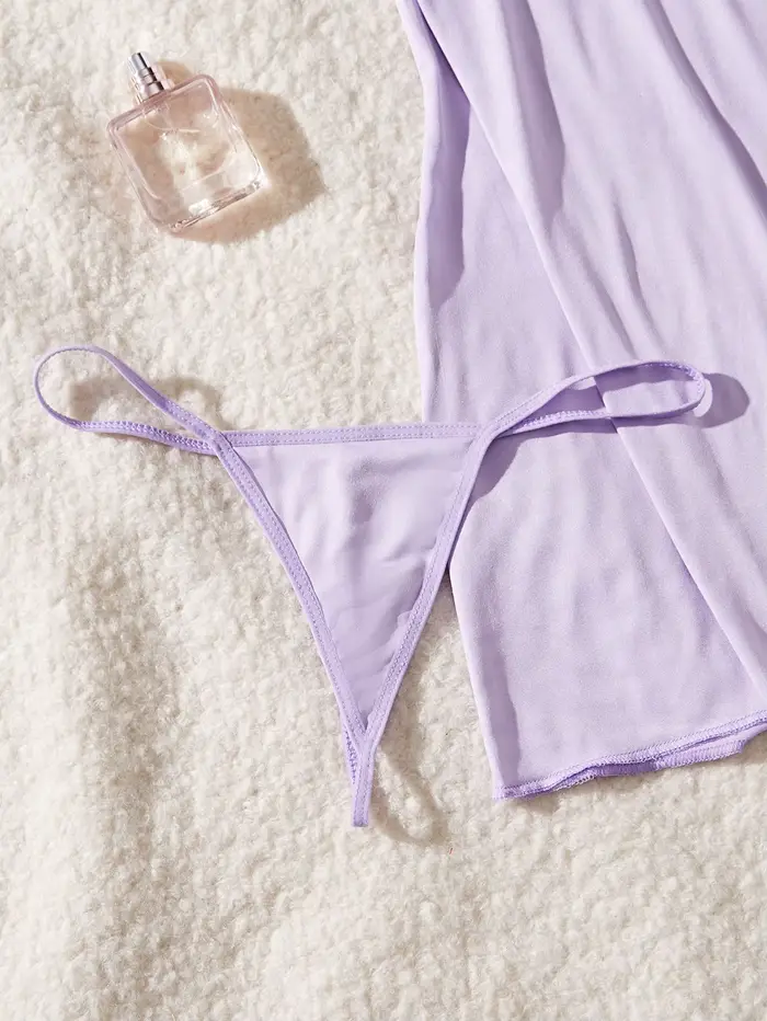Dámska nočná košeľa z ľahkej fialovej čipky s lukom, babydoll štýl, sada spodná bielizeň, dámske oblečenie