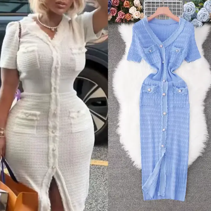 Novinka pre ženy pletené elegantné dlhé šaty s výstrihom do V jednoduché gombíkovanie rozparok pulóverové