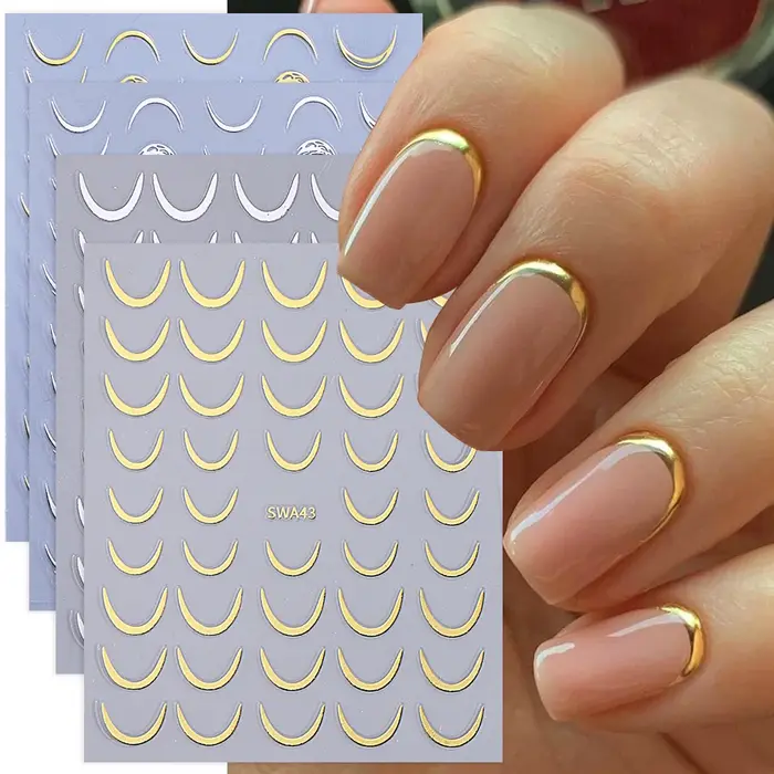 Autocollants pour ongles croissant de lune, auto-adhésifs, sourire français, ligne rayée, Design, dé
