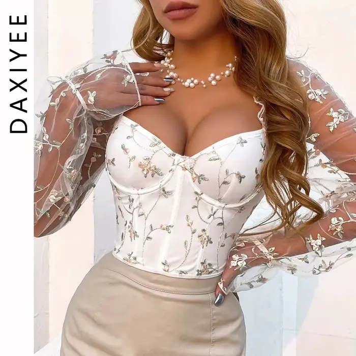 Dámske korzety s dlhým rukávom Fishbone, kvetinové vyšívané bustiers, univerzálny Top korzet, rez pokrytý, oka, sexy pikantné dievča, móda
