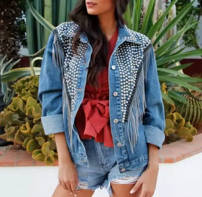 TEELYNN Boho čierna Denim bunda pre ženy kabát s dlhým rukávom jeseň voľný strapce Jean bundy 2025 perly nity