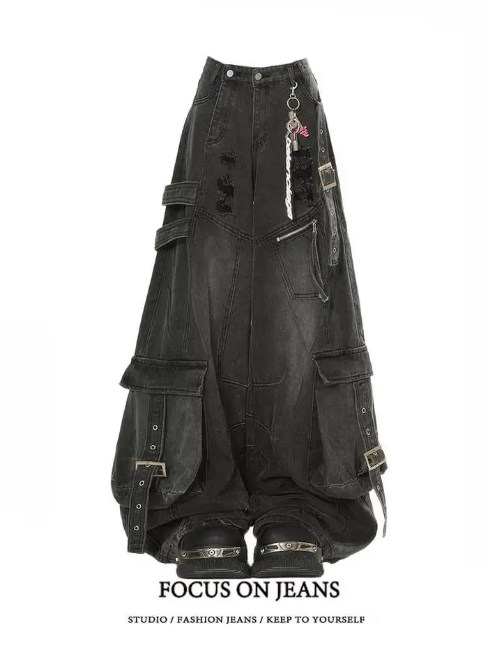 Čierne džínsy pre ženy Y2K 90s Vintage americký štýl s vysokým pásom rovné nohavice Streetwear ležérne voľné široké