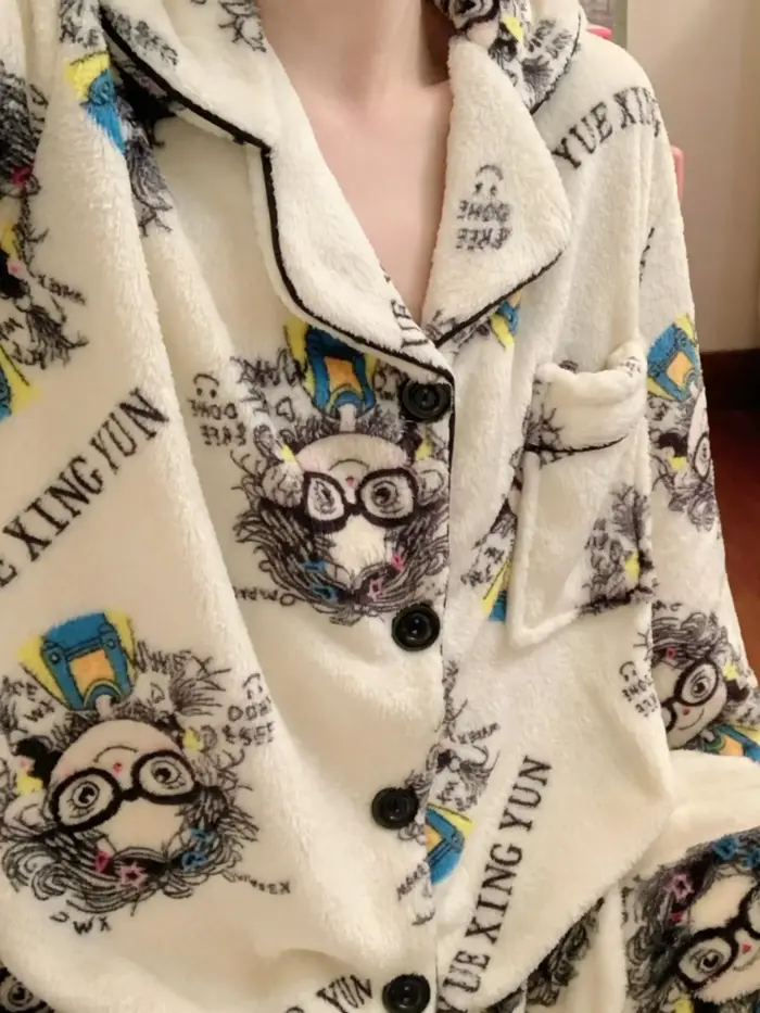 Dámske pyžamo s potlačou listov, roztomilé, teplé na zimu, ležérne, mäkké, hrubé koralové fleece, kórejské vintage nočné oblečenie.