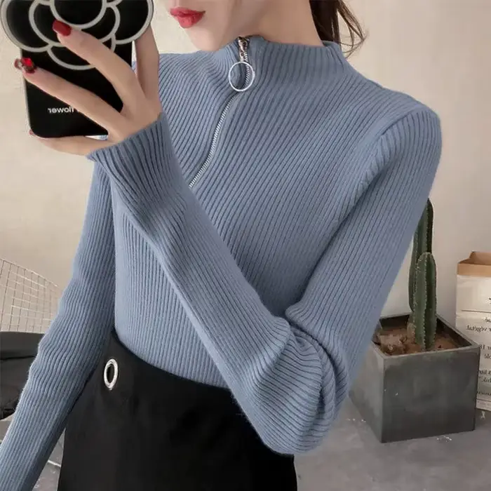 Tricoté femmes fermeture éclair demi col haut Pull pulls automne hiver basique femmes chandails minc