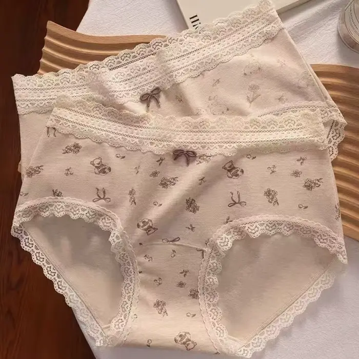Dámske čipky polovice pása bavlnené nohavičky, kvetinový vzor, medveď a králik, mäkký štýl, na leto