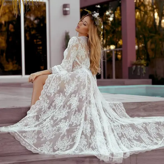 priehľadný Dlhá biela čipka nočná košeľa, šaty pre družičky pre ženy, sexy kimono štýl, nočné oblečenie, svadobný župan, sexy spodná bielizeň, nočné oblečenie