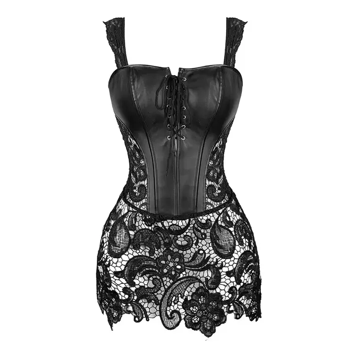 Steampunk korzetové šaty pre ženy gotické Sexy Umelá koža zips Bustier čipka sukňa čierna červená Korzet Clubwear