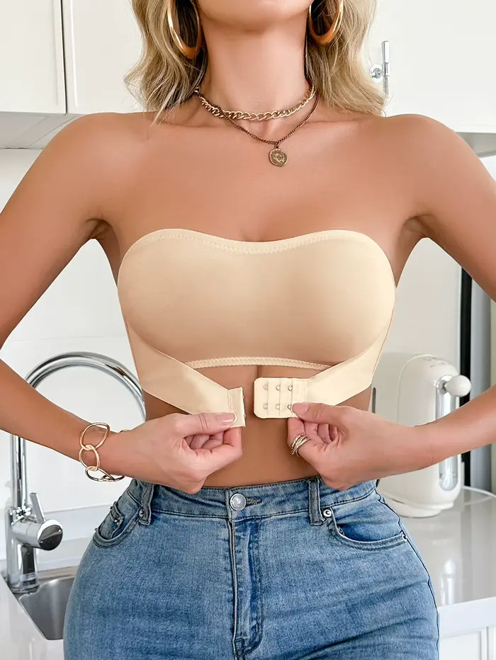 Podprsenka bez ramienok pre ženy, farba jednofarebný, bez výstuže, bralette s predným uzáverom, push-up, pohodlná, bez polstrovania