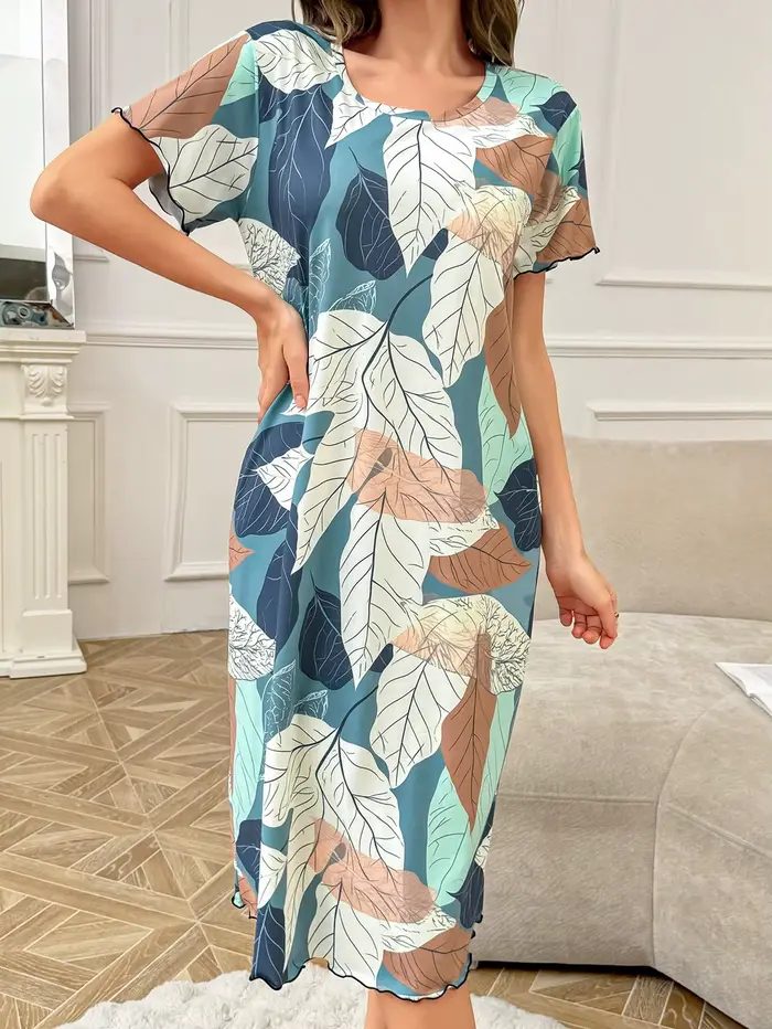 Chemise de nuit une pièce pour femmes, Style Floral élégant, chemise de nuit confortable à manches c