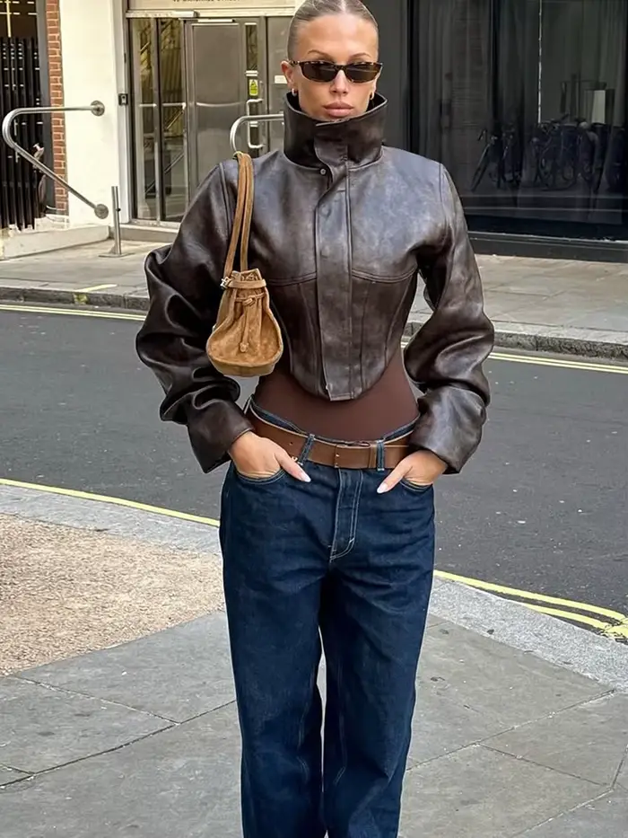 Nibber Hottie Crop Bunda Ženy Rolák PU Nepravidelný Zips Gombík Dlhé Rukávy Divoký Sexy Ulica Polnoc Jeseň