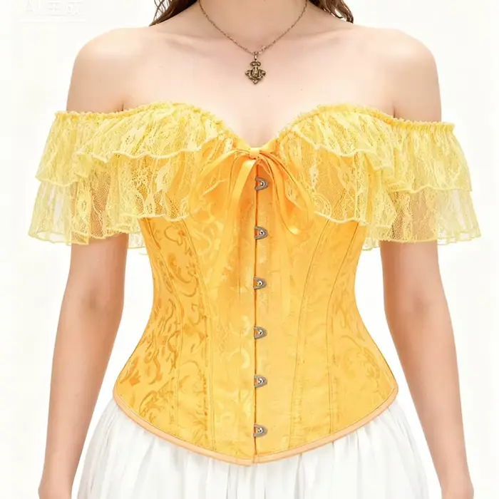 Štýlové žlté žakárové a čipkové korzety, vykostené volániky, sexy top, overbust, vinobranie oblečenie, gotické bustier pre viktoriánske ženy y2k