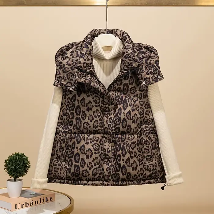 Dámska bavlnená leopardia vesta bez rukávov s kapucňou