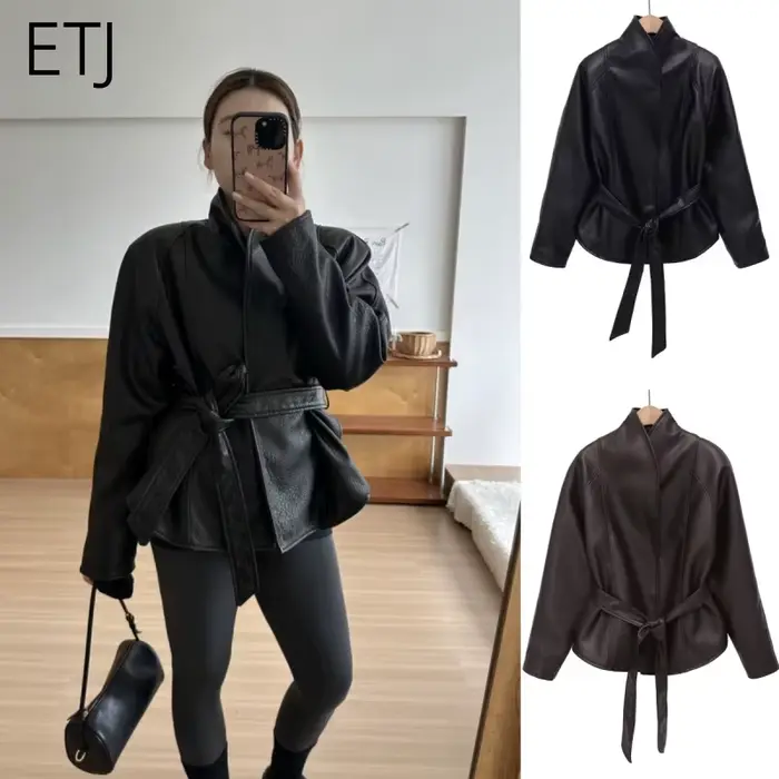 Dámska krátka vintage PU koženková bunda ETJ so stojačikom a opaskom