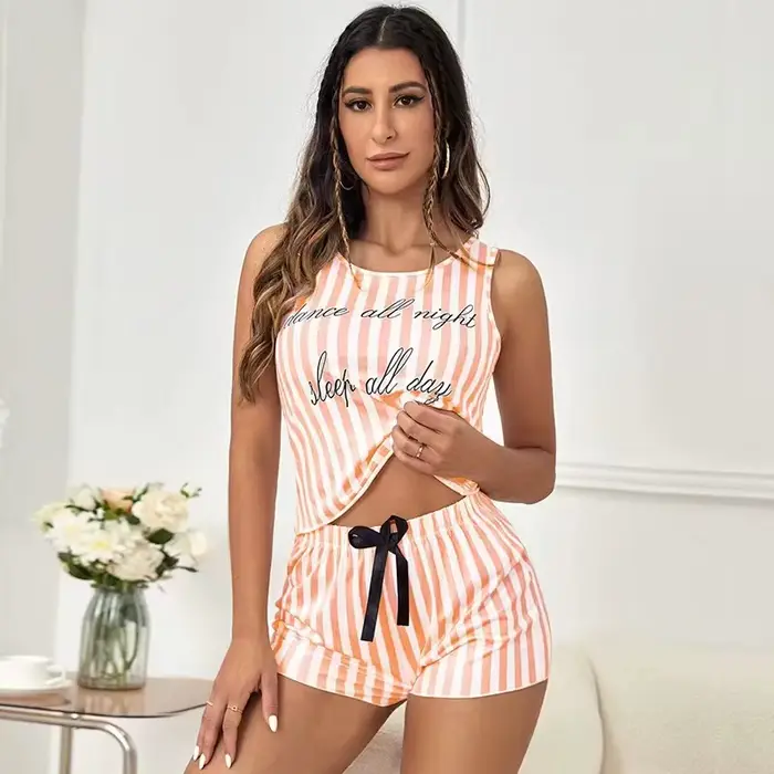 Pyjamas pour femmes été rayure pyjama imprimé Faux coton col rond pyjama débardeur short 2 pièces do