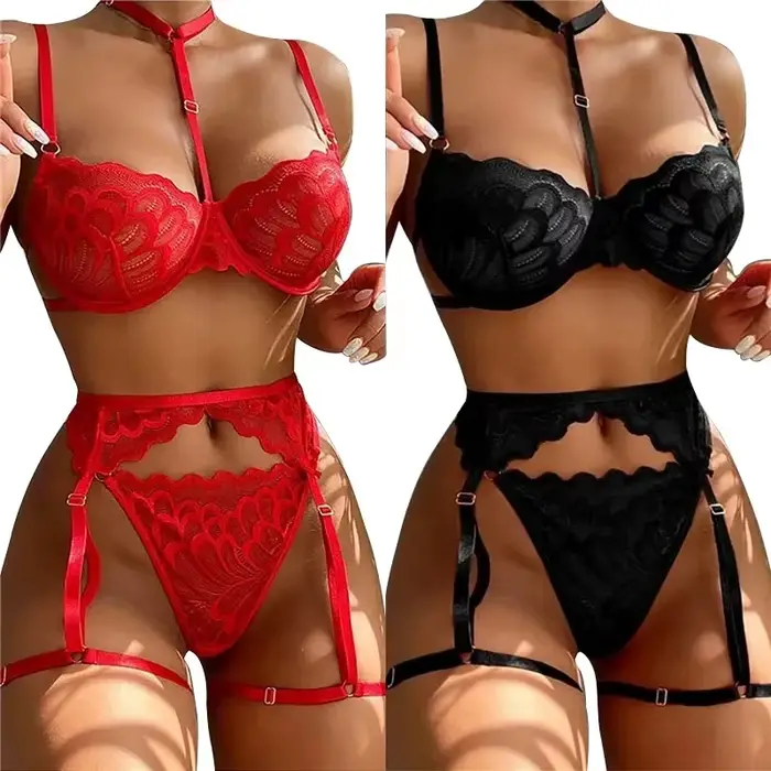 Sexy spodná bielizeň z kvetinovej čipky pre ženy, priehľadná podprsenka s popruhmi a nohavičkami s podväzkovým pásom, ideálna pre medové týždne, večer a dátum